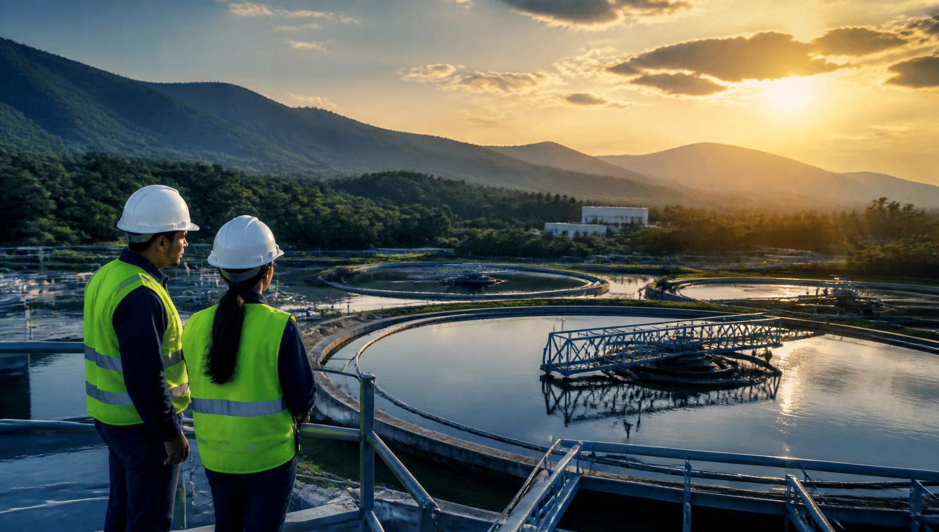 Environmental engineers reviewing clarifier tanks at a water treatment facility at sunset
